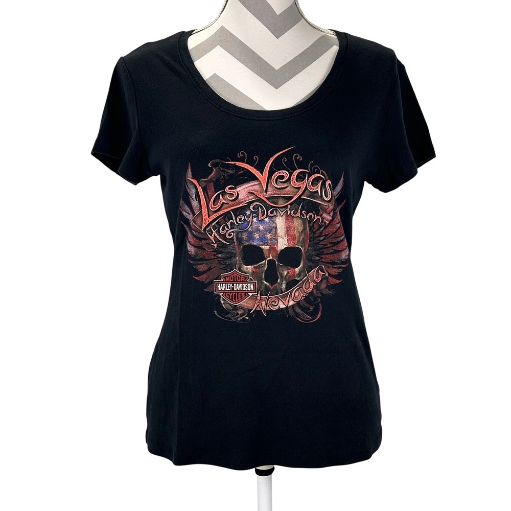 Harley Davidson Las Vegas Skull Flag Graphic T Shirt Womens Large Black Cotton - Picture 2 of 7